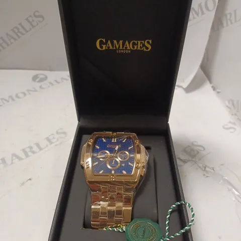 BOXED GAMAGES LONDON MAGNITUDE ROSE GOLD BLUE DIAL STAINLESS STEEL CHAIN LINK STRAP WATCH 