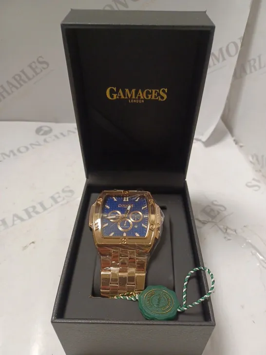 BOXED GAMAGES LONDON MAGNITUDE ROSE GOLD BLUE DIAL STAINLESS STEEL CHAIN LINK STRAP WATCH 