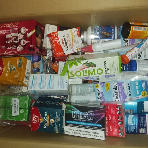 BOX OF ASSORTED ITEMS INCLUDING MEDICAL PILLS, PRISM VAPING SYSTEM, PREGNANCY TESTS, WOUND SPRAY, HAIR REMOVAL CREAM, ECT
