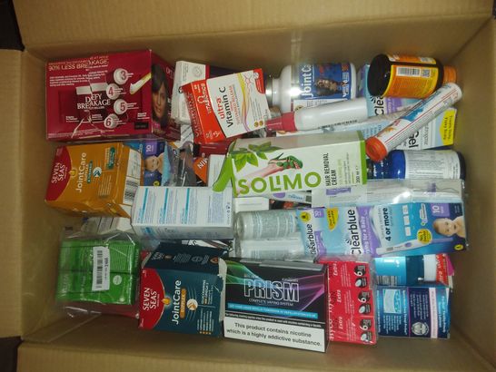 BOX OF ASSORTED ITEMS INCLUDING MEDICAL PILLS, PRISM VAPING SYSTEM, PREGNANCY TESTS, WOUND SPRAY, HAIR REMOVAL CREAM, ECT