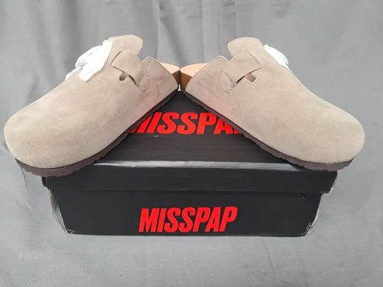 BOXED PAIR OF MISSPAP FAUX SUEDE BUCKLE CLOGS IN BEIGE SIZE 6