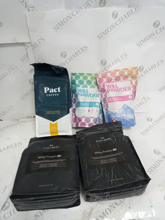 BOX OF ASSORTED FOOD AND DRINK ITEMS PACT COFFEE, WHEY PROTEIN AND WILL POWDER