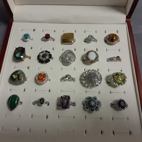 LOT OF 20 ASSORTED RINGS IN WOODEN DISPLAY BOX