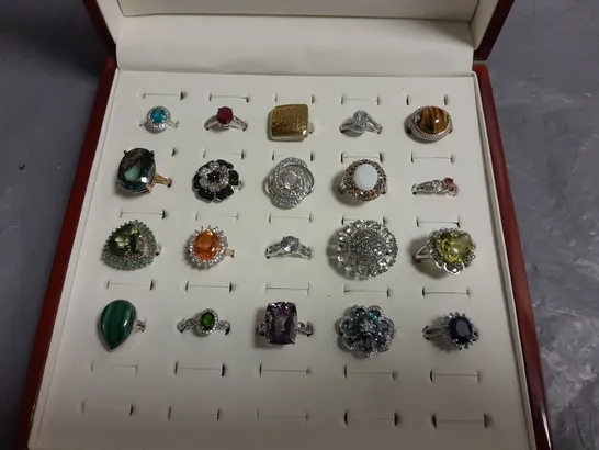 LOT OF 20 ASSORTED RINGS IN WOODEN DISPLAY BOX