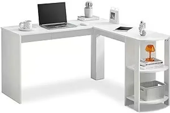 BOXED OFCASA L SHAPED DESK FOR HOME WORKING GAMING WHITE CORNER COMPUTER DESK WITH 2 TIERS OPENED BOOKSHELVES 