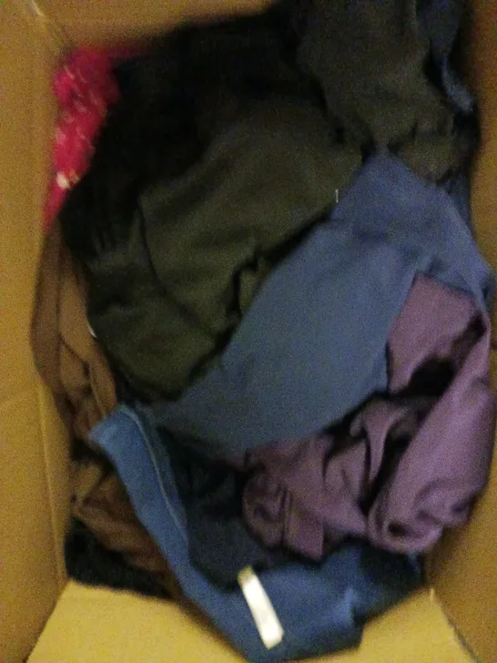 BOX OF APPROXIMATELY 10 ASSORTED CLOTHING AND FASHION ITEMS IN VARIOUS STYLES, SIZES, AND COLOURS / COLLECTION ONLY 