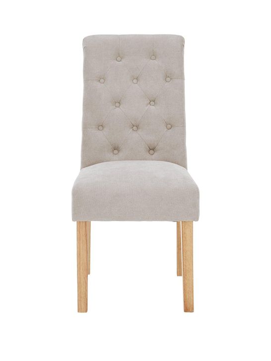 UNBOXED PAIR OF FABRIC SCROLL BACK DINING CHAIRS - NATURAL/OAK RRP £249.99