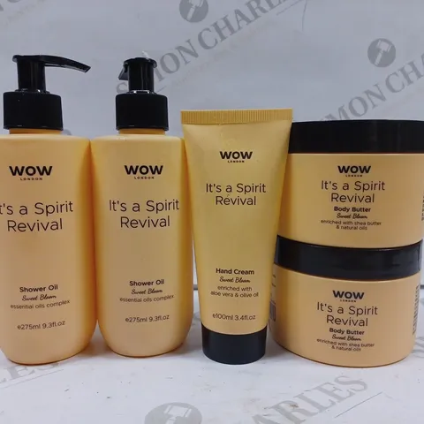 BOX OF 5 ASSORTED WOW LONDON PRODUCTS TO INCLUDE SHOWER OIL, HAND CREAM, BODY BUTTER 