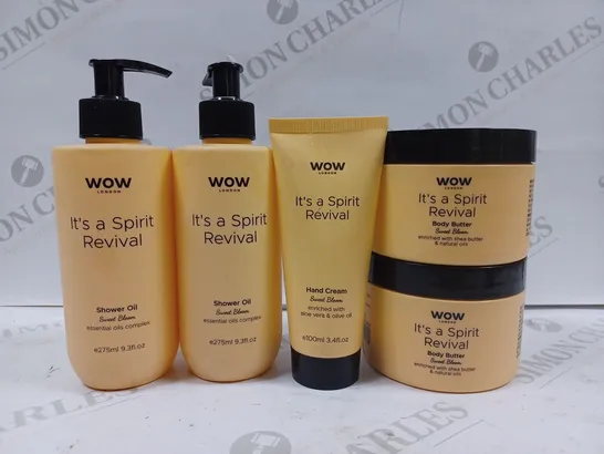 BOX OF 5 ASSORTED WOW LONDON PRODUCTS TO INCLUDE SHOWER OIL, HAND CREAM, BODY BUTTER 