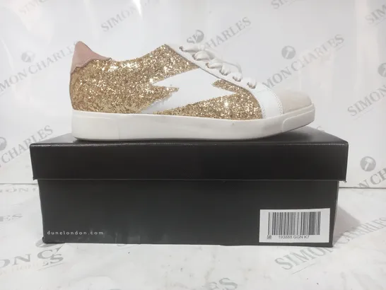 BOXED PAIR OF DUNE LONDON ENERGISED LIGHTNING BOLT TRAINERS IN GOLD/WHITE/PINK SIZE 7