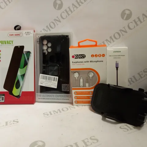 LOT OF ASSORTED ELECTRICALS AND PHONE ACCESSORIES TO INCLUDE OBJECT EARPHONES WITH MICROPHONE, SUCTION PHONE HOLDING ARM, LEYI PHONE CASE WITH STAND FOR SAMSUNG A33, ETC