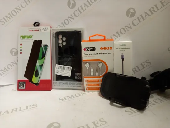 LOT OF ASSORTED ELECTRICALS AND PHONE ACCESSORIES TO INCLUDE OBJECT EARPHONES WITH MICROPHONE, SUCTION PHONE HOLDING ARM, LEYI PHONE CASE WITH STAND FOR SAMSUNG A33, ETC