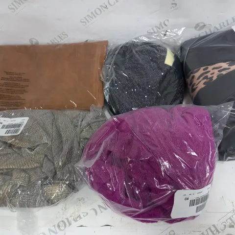 BOX OF APPROXIMATELY 15 ASSORTED CLOTHING ITEMS TO INCLUDE LONG SLEEVE DRESS, BROWN LEATHER SKIRT, SEQUIN TOP ETC