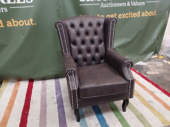 DESIGNER ANGELA WINGBACK CHOCOLATE FAUX LEATHER CHAIR WITH STUDDED DETAIL