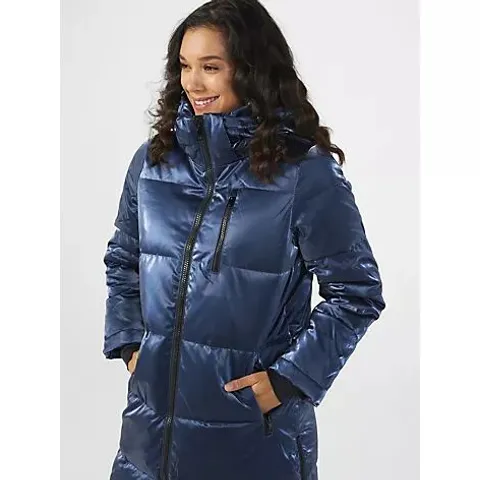 NUAGE LIQUID SHINE 3/4 COAT WITH SIDE ZIPPERS & HOOD- BLUE SIZE 2XL