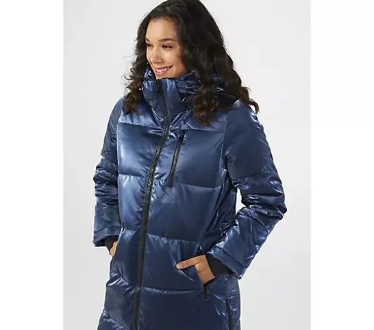 NUAGE LIQUID SHINE 3/4 COAT WITH SIDE ZIPPERS & HOOD- BLUE SIZE 2XL