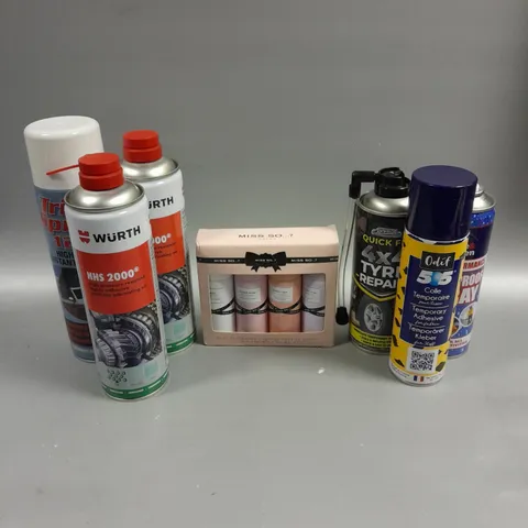 APPROXIMATELY 15 ASSORTED AEROSOLS TO INCLUDE ODIF TEMPORARY ADHESIVE, HOME & GARDEN WATERPROOF SPRAY, 4X4 TYRE REPAIR ETC - COLLECTION ONLY 
