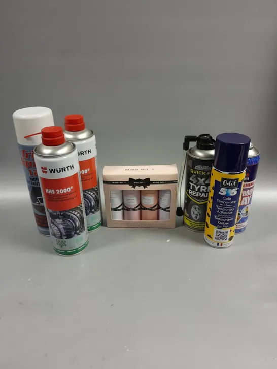 APPROXIMATELY 15 ASSORTED AEROSOLS TO INCLUDE ODIF TEMPORARY ADHESIVE, HOME & GARDEN WATERPROOF SPRAY, 4X4 TYRE REPAIR ETC - COLLECTION ONLY 