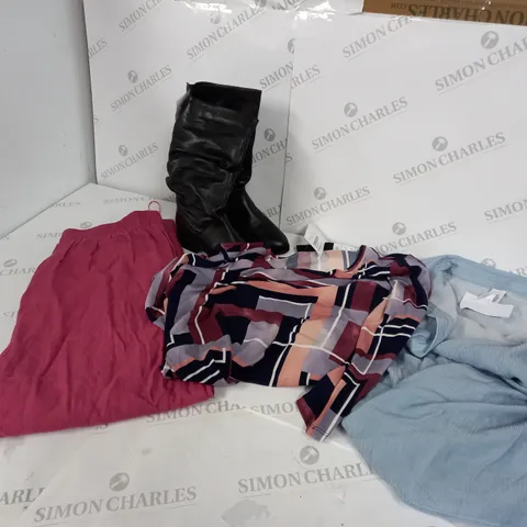 BOX OF APPROX 10 ASSORTED CLOTHING ITEMS INCLUDING TOPS, SHOES AND TROUSERS IN VARIOUS SIZES AND STYLES