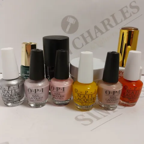 BOX OF APPROX 10 MANICURE ITEMS TO INCLUDE O.P.I NAIL LACQUER, GLAMRDIP POWDER DIP AND PREMIER GEL POLISH