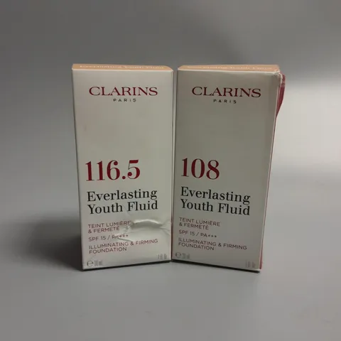 2 BOXED CLARINS YOUTH EVERLASTING YOUTH FLUID ILLUMINATING AND FIRMING FOUNDATION 30ML IN COFFEE AND SAND SHADES 