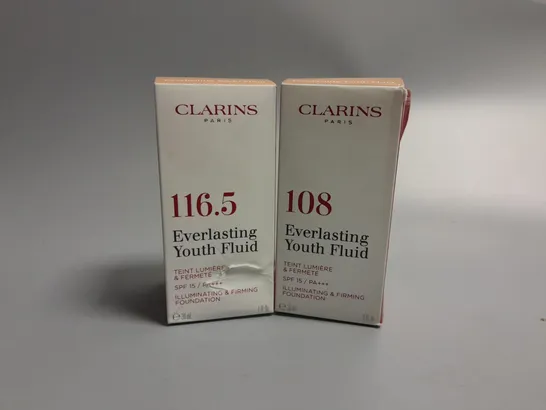 2 BOXED CLARINS YOUTH EVERLASTING YOUTH FLUID ILLUMINATING AND FIRMING FOUNDATION 30ML IN COFFEE AND SAND SHADES 