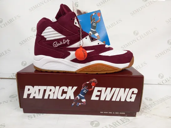 BOXED PAIR OF EWING MIKES HOT HONEY SNEAKERS IN MAROON/WHITE UK SIZE 8.5