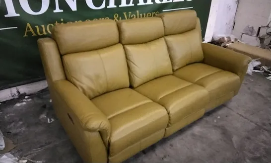 QUALITY DESIGNER YELLOW/GREEN LEATHER 3 SEATER ELECTRIC RECLINING SOFA