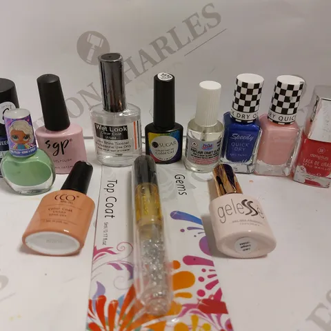 BOX OF APPROX 20 ITEMS TO INCLUDE NAILSCHIC TOP COAT/GEMS, BARRY M SPEEDY DRY NAIL POLISH AND DELIPLUS NAIL POLISH