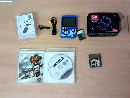 LOT OF 3 ASSORTED CONSOLE ITEMS TO INCLUDE SUP GAMEBOX, SKATE 3 PS3 GAME AND 007 THE WORLD IS NOT ENOUGH GAMEBOY GAME