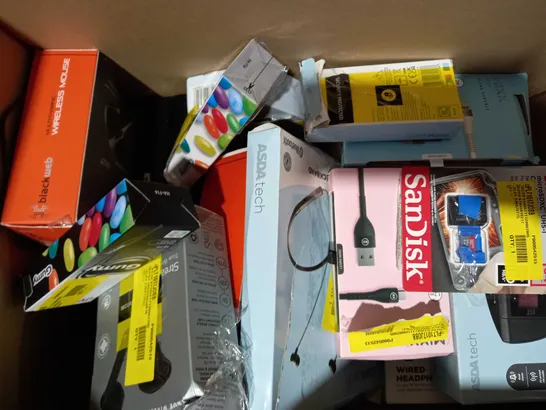 BOX OF APPROXIMATELY 15 ASSORTED ELECTRICAL ITEMS TO INCLUDE ASDA TECH WIRELESS EARBUDS, BLACKWEB SYNC AND CHARGE CABLE, JVC WIRELESS EARBUDS, ETC