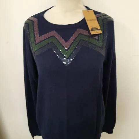 SUGARHILL CECE SEQUIN JUMPER IN NAVY CHEVRON STRIPES - UK 12