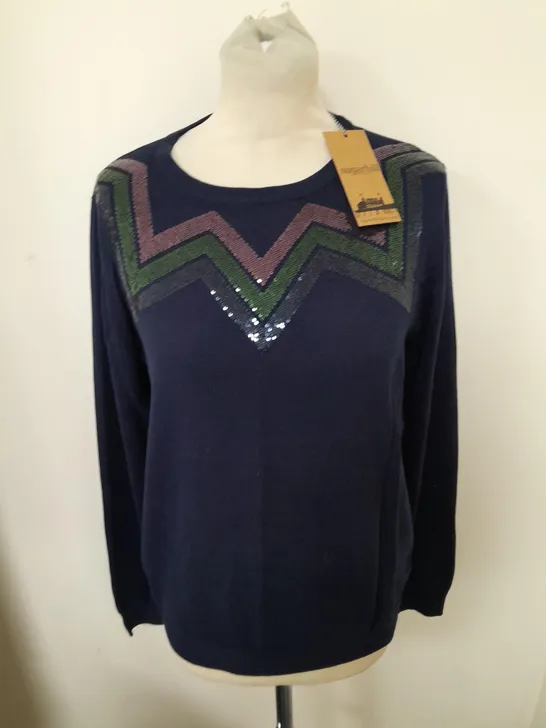 SUGARHILL CECE SEQUIN JUMPER IN NAVY CHEVRON STRIPES - UK 12