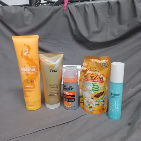 APPROXIMATELY 20 ASSORTED COSMETIC PRODUCTS TO INCLUDE DOVE TANNING LOTION, GIVR ME SHAMPOO, ELF SKIN MOISTURIZER