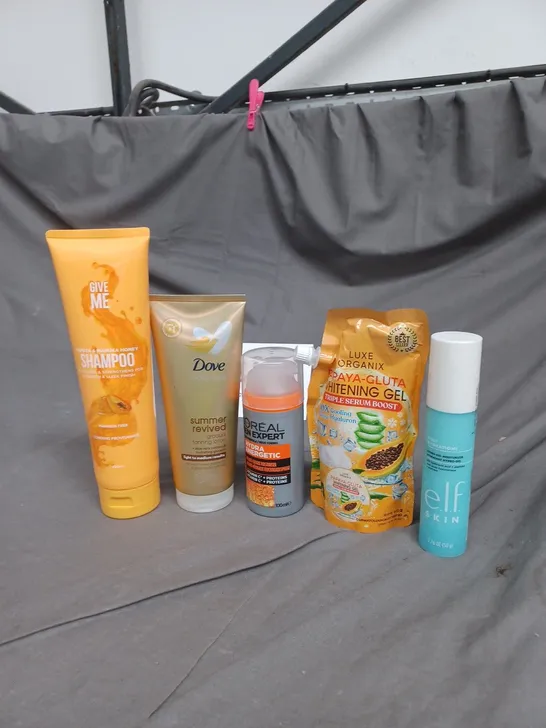 APPROXIMATELY 20 ASSORTED COSMETIC PRODUCTS TO INCLUDE DOVE TANNING LOTION, GIVR ME SHAMPOO, ELF SKIN MOISTURIZER