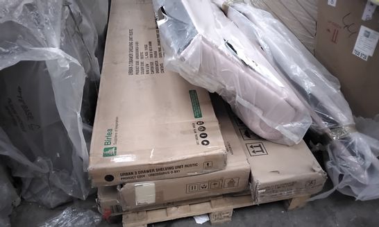 PALLET OF ASSORTED FLATPACK FURNITURE PARTS FOR SETS SUCH AS SHELVING UNITS AND BED FRAMES