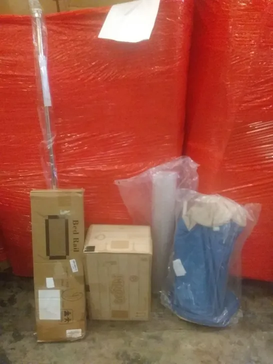 PALLET OF ASSORTED ITEMS INCLUDING BED RAIL, CURTAIN ROD, BATH MAT