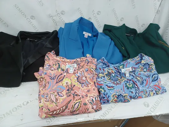 LARGE BOX OF ASSORTED CLOTHING ITEMS TOO INCLUDE TOPS , DRESSES AND BLAZERS COMING IN DIFFERENT COLOURS AND SIZES 