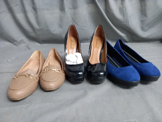 APPROXIMATELY 12 ASSORTED PAIRS OF SHOES TO INCLUDE HEELS, SLIP-ON SHOES, ETC