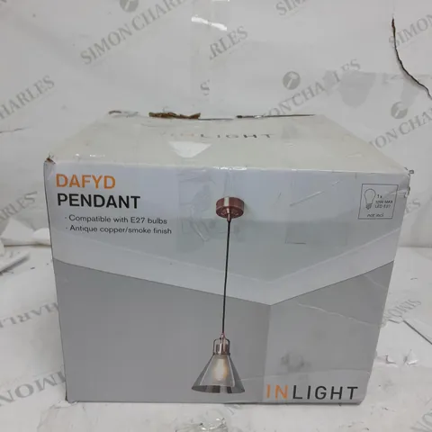 BOXED INLIGHT DAFYD PENDANT LIGHT ANTIQUE COPPER/SMOKE FINISH