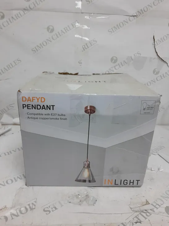 BOXED INLIGHT DAFYD PENDANT LIGHT ANTIQUE COPPER/SMOKE FINISH