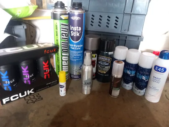 APPROXIMATELY 12 ASSORTED AEROSOL SPRAYS TO INCLUDE; FCUK, EVERBUILD, DUPONT AND E45