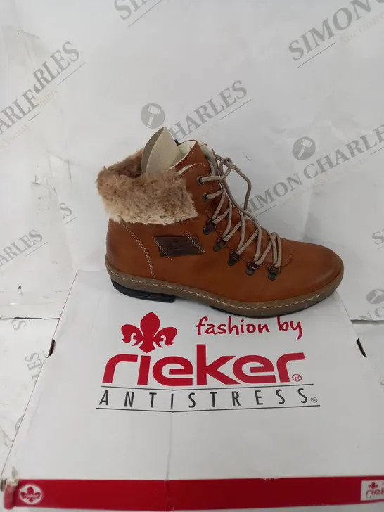 BOXED PAIR OF RIEKER LACE UP ANKLE BOOTS - TAN - UK SIZE 6