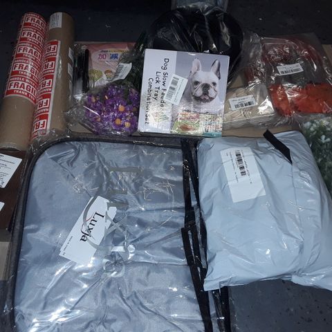 LARGE QUANTITY OF ASSORTED HOUSEHOLD ITEMS TO INCLUDE ARTIFICIAL FLOWERS, PET LICK TRAY AND EYE MASK