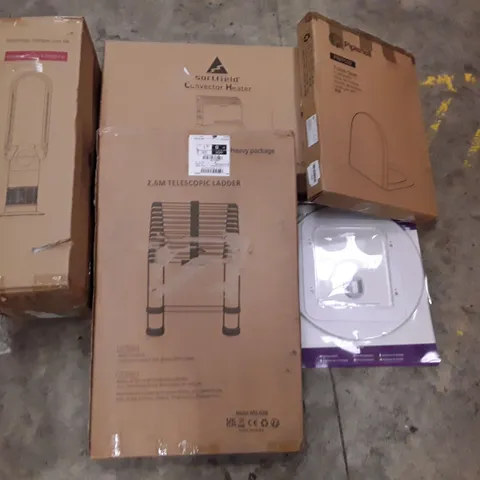 PALLET OF ASSORTED PRODUCTS INCLUDING TOILET SEAT, CONVECTOR HEATER, 2.6M TELESCOPIC LADDER, BLADELESS PURIFIER & HEATER FAN, PET DOOR