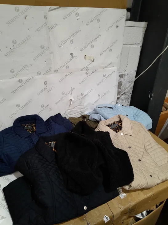 BOX OF ASSORTED WOMENS CLOTHING ITEMS TO INCLUDE COATS AND GILLETS 