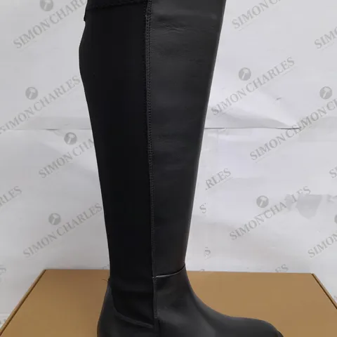 BOXED PAIR OF DUNE LONDON UNDER THE KNEE BLACK LEATHER BOOTS - SIZE 3/36