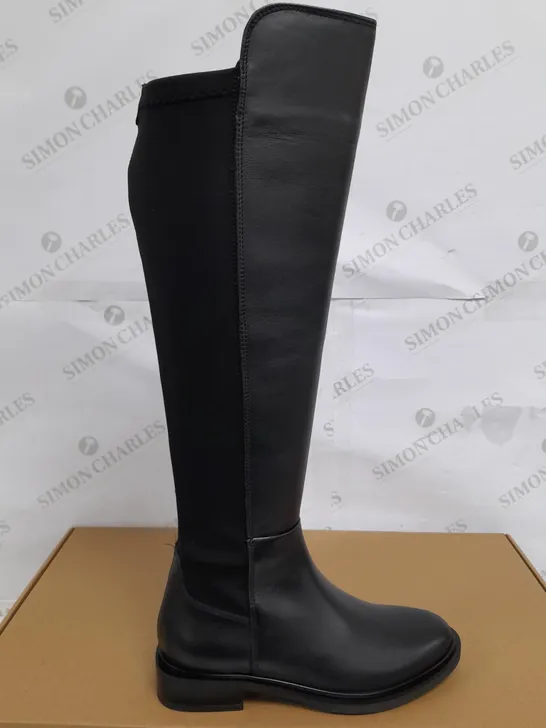 BOXED PAIR OF DUNE LONDON UNDER THE KNEE BLACK LEATHER BOOTS - SIZE 3/36