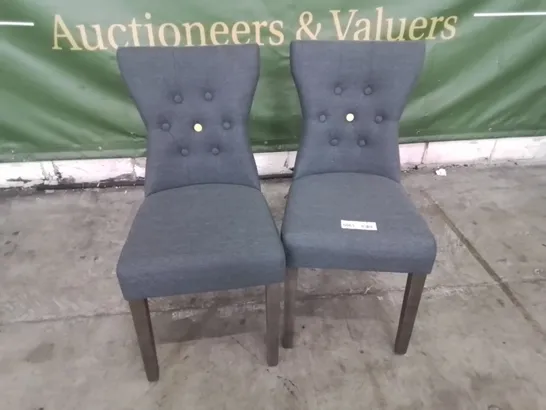 PAIR OF DESIGNER BEWLEY UPHOLSTERED BUTTONED BACK DINING CHAIRS SLATE FABRIC DARK LEGS