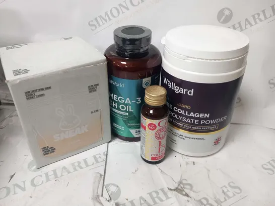 FOUR ASSORTED PRODUCTS TO INCLUDE; WELLGARD GOLD STANDARD PURE COLLAGEN HYDROLYSATE POWDER 400G, SNEAK ZERO SUGAR, WEIGHT WORLD OMEGA 3 FISH OIL CAPSULES AND GOLD COLLAGEN FORTE 50ML